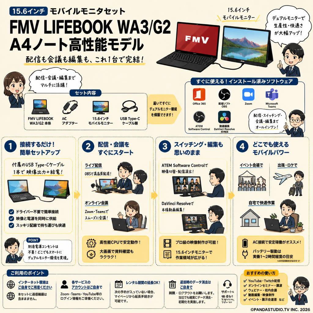 【15.6インチモバイルモニタセット】FMV LIFEBOOK WA3/G2 A4ノート高性能モデル【 Office365 / 配信用OBS / テレビ会議用Zoom / Microsoft Teams / ATEM Software Control / 無償版 動画編集DaVinci Resolve インストール済】 FAQ（よくある質問と答え）