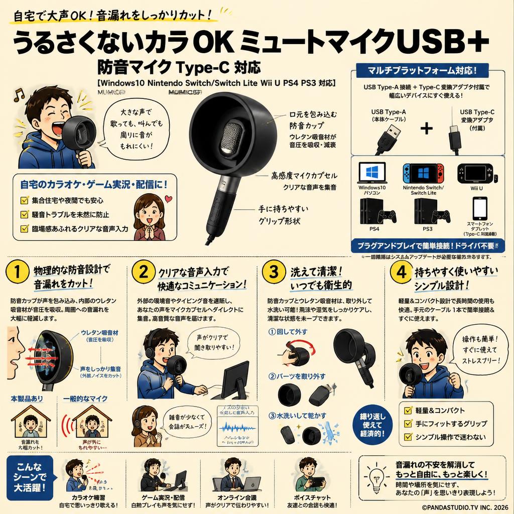 うるさくないカラ OK ミュートマイクUSB+ 防音マイク Type-C 対応 【Windows10 Nintendo Switch/Switch Lite Wii U PS4 PS3 対応】 MUMICUSBP 概要