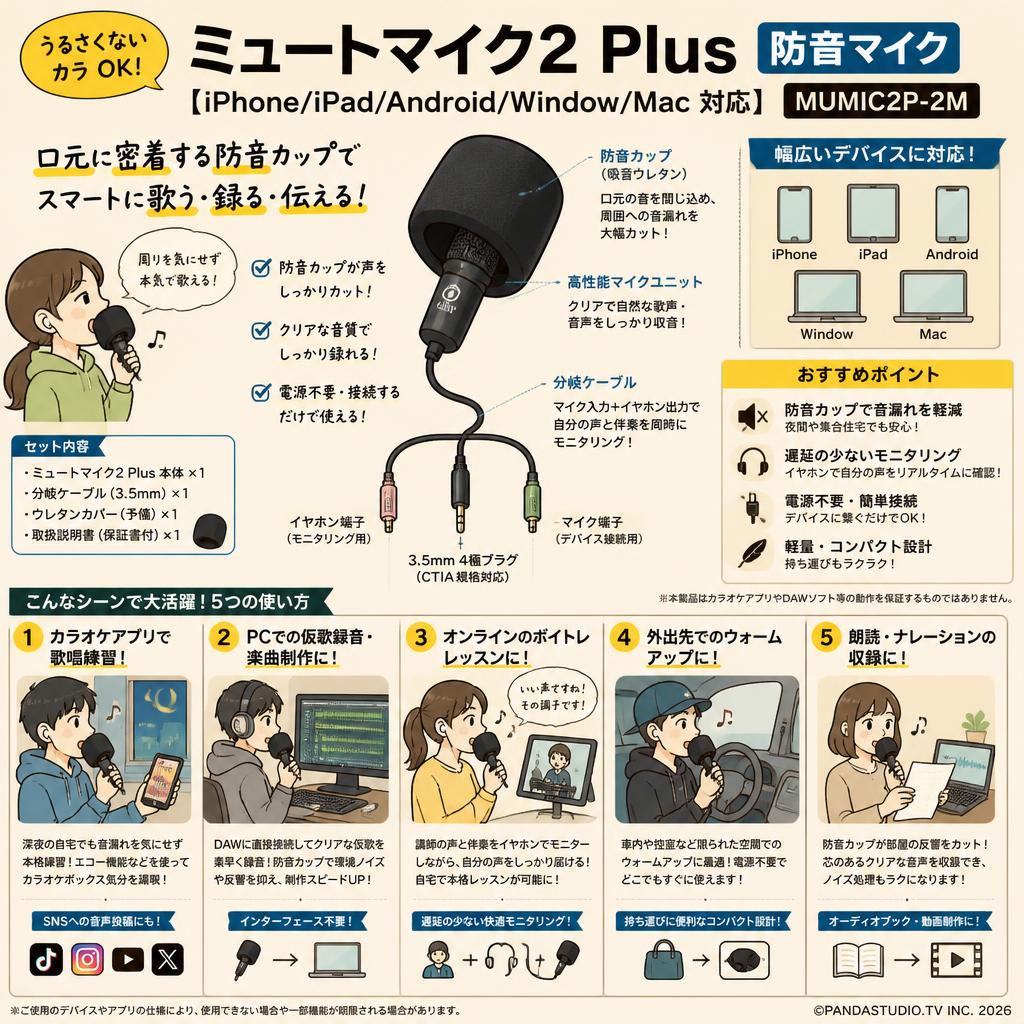 うるさくないカラ OK ミュートマイク2 Plus 防音マイク【iPhone/iPad/Android/Window/Mac 対応】 MUMIC2P-2M 用途