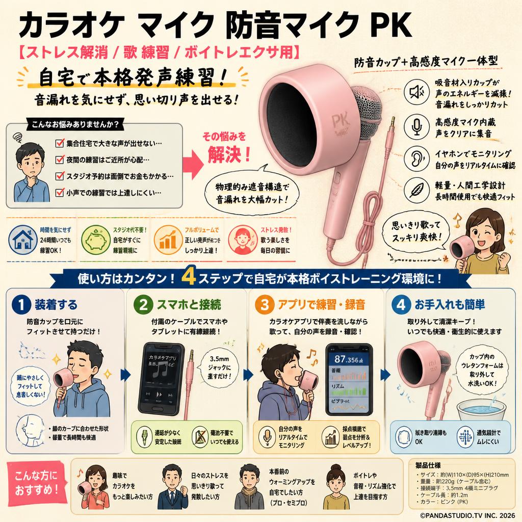 カラオケ マイク 防音マイク PK【ストレス解消 / 歌 練習 / ボイトレエクサ用】 概要