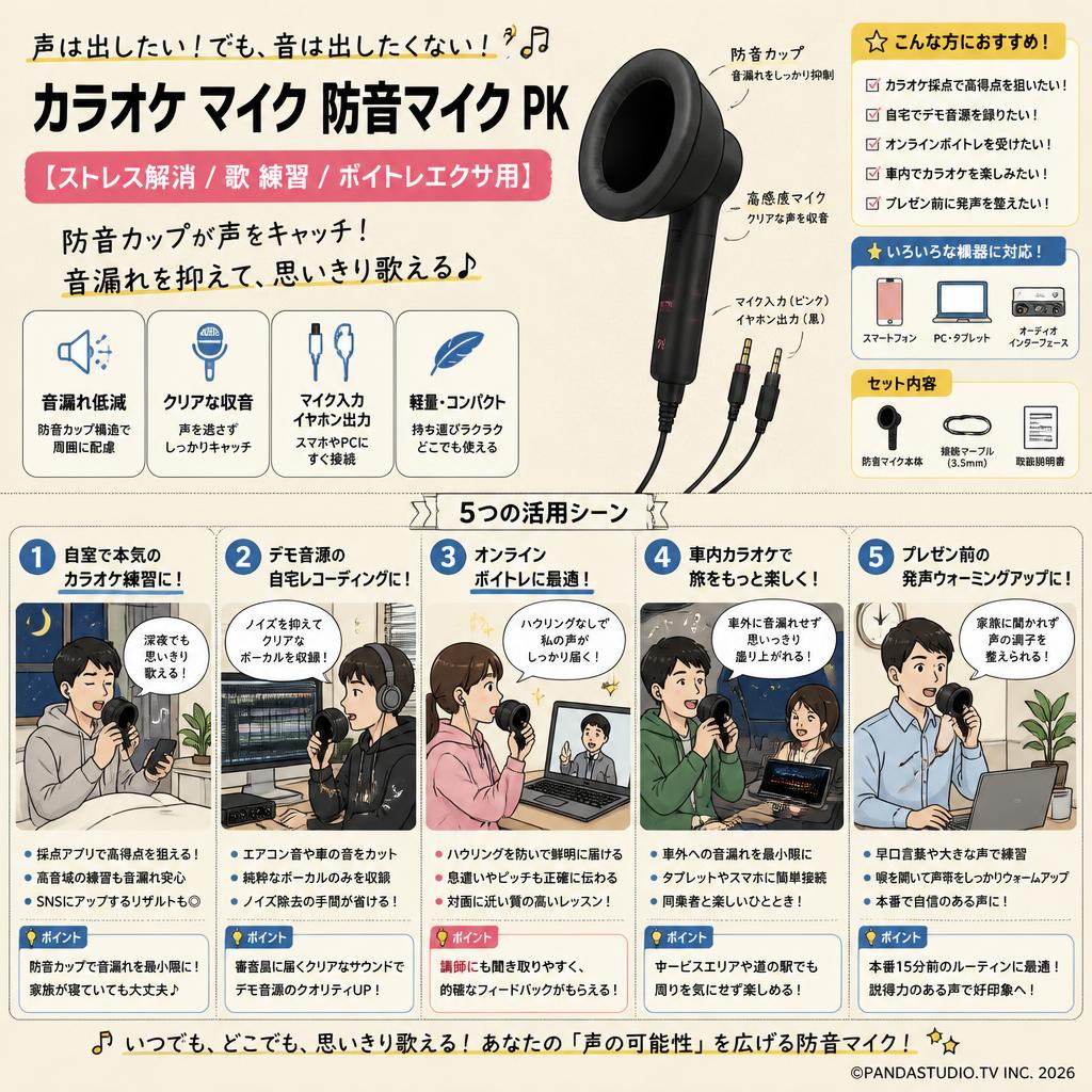 カラオケ マイク 防音マイク PK【ストレス解消 / 歌 練習 / ボイトレエクサ用】 用途