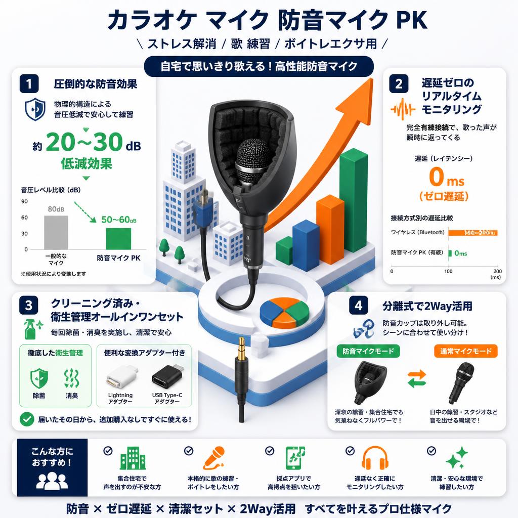 カラオケ マイク 防音マイク PK【ストレス解消 / 歌 練習 / ボイトレエクサ用】 セールスポイント