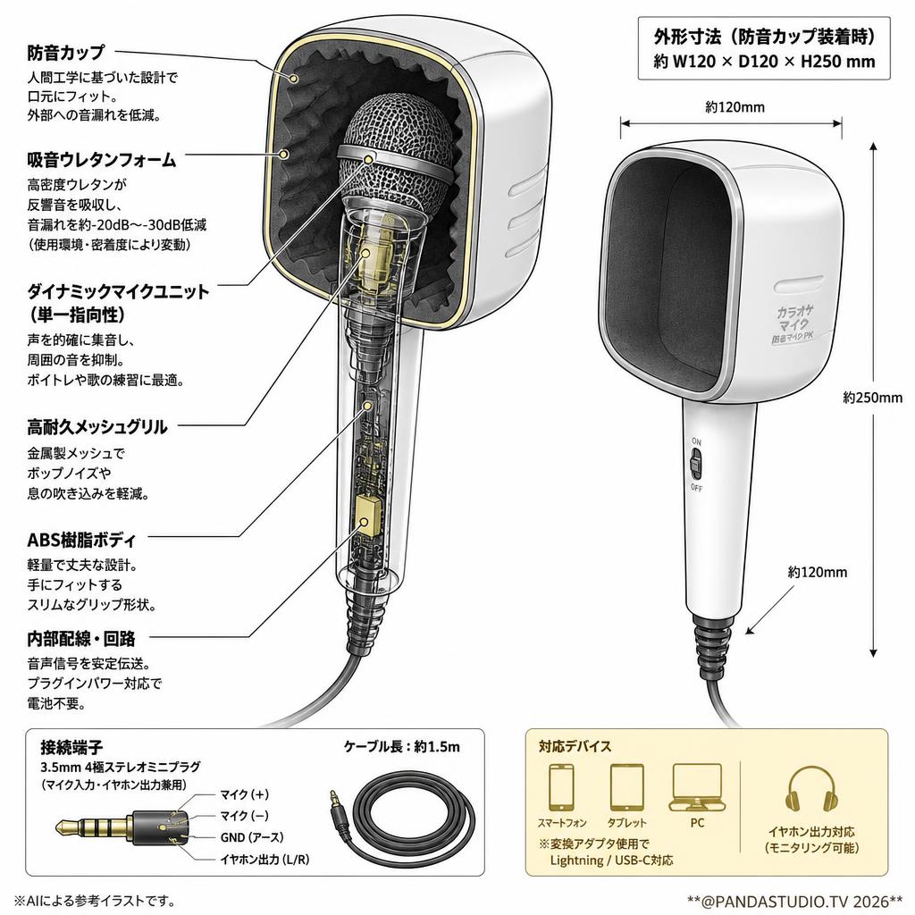カラオケ マイク 防音マイク PK【ストレス解消 / 歌 練習 / ボイトレエクサ用】 スペック