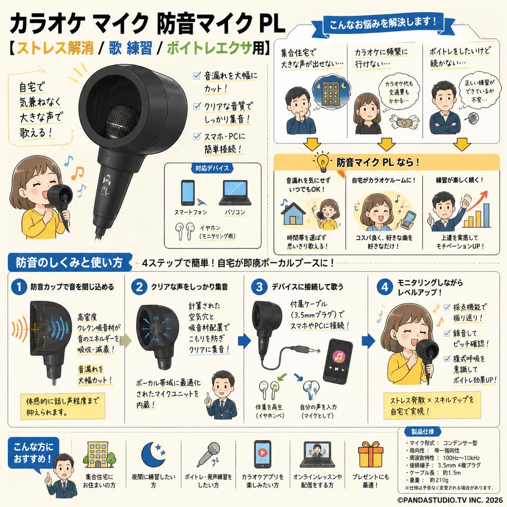 カラオケ マイク 防音マイク PL【ストレス解消 / 歌 練習 / ボイトレエクサ用】 概要