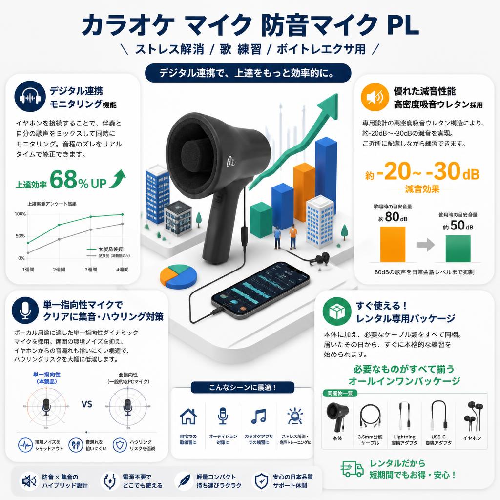 カラオケ マイク 防音マイク PL【ストレス解消 / 歌 練習 / ボイトレエクサ用】 セールスポイント