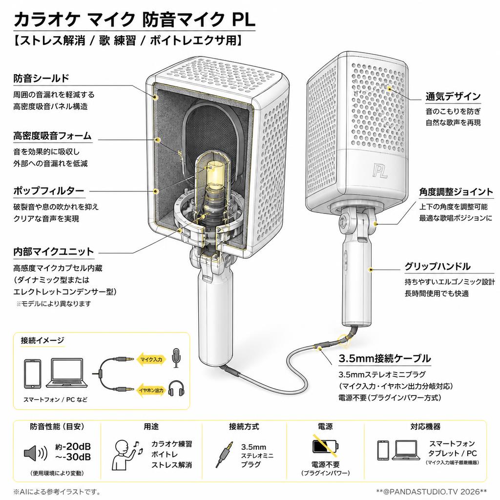 カラオケ マイク 防音マイク PL【ストレス解消 / 歌 練習 / ボイトレエクサ用】 スペック