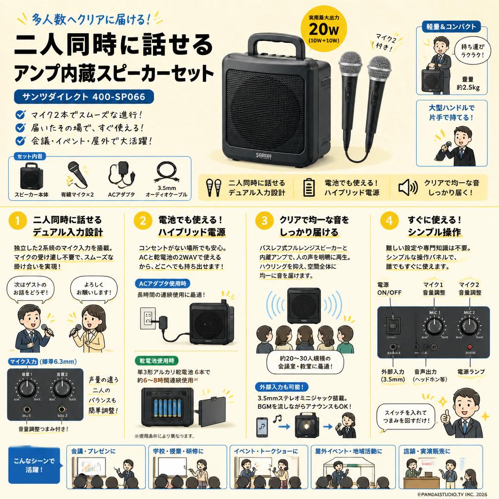 サンワダイレクト 二人同時に話せる アンプ内蔵スピーカーセット 400