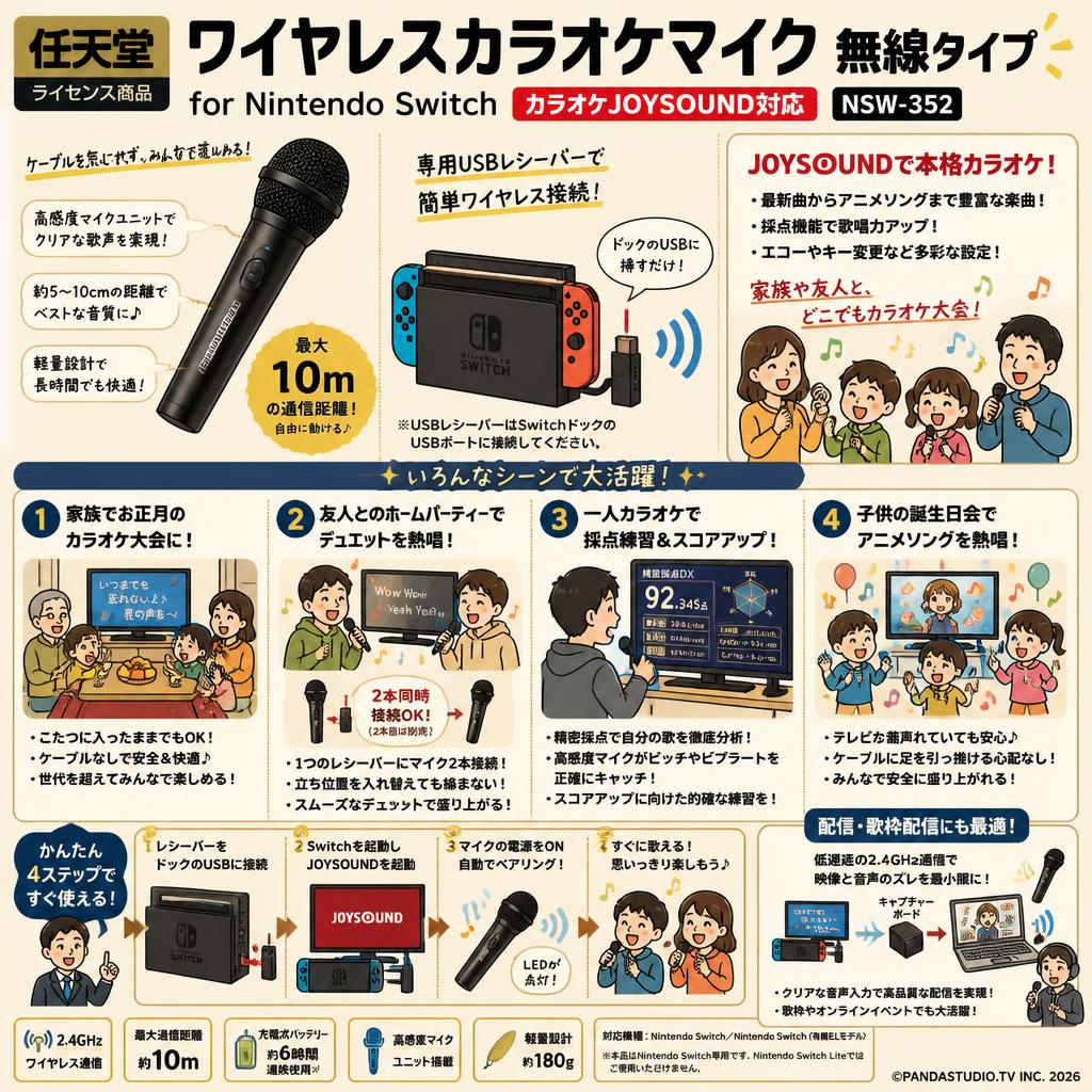 【任天堂ライセンス商品】ワイヤレスカラオケマイク 無線タイプ for Nintendo Switch【カラオケJOYSOUND対応】NSW-352 用途
