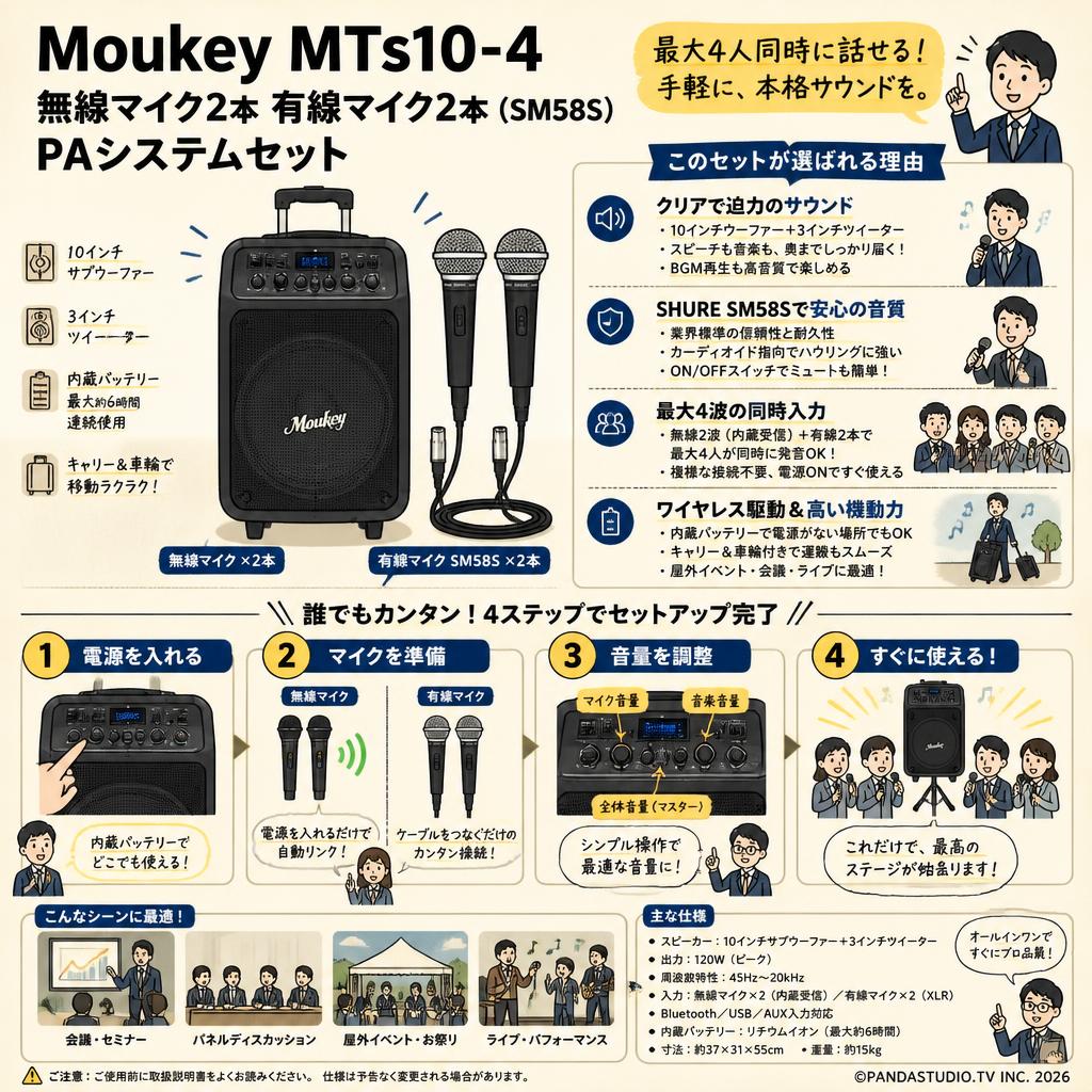 Moukey MTs10-4 無線マイク2本 有線マイク2本（SM58S）PAシステムセット 概要