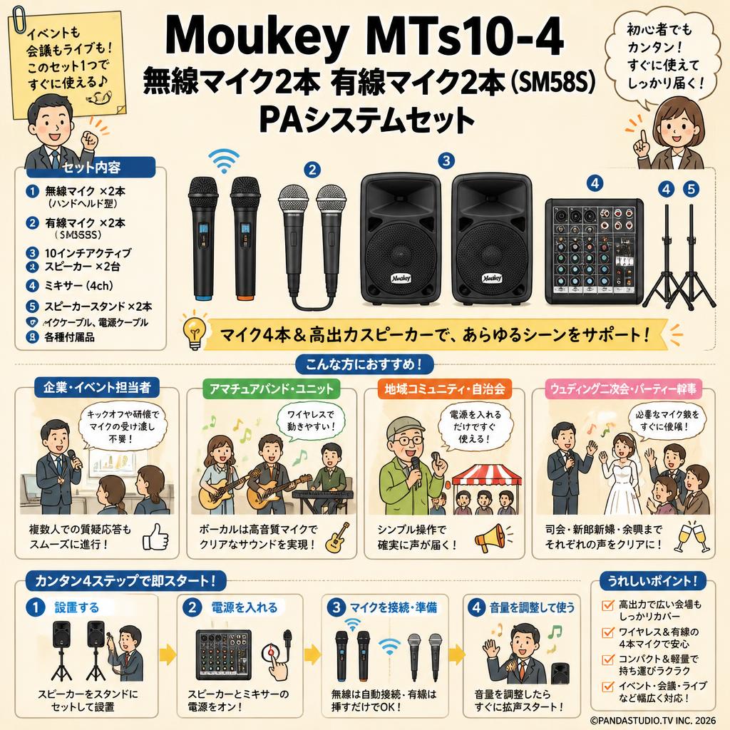 Moukey MTs10-4 無線マイク2本 有線マイク2本（SM58S）PAシステムセット おもな対象のお客様