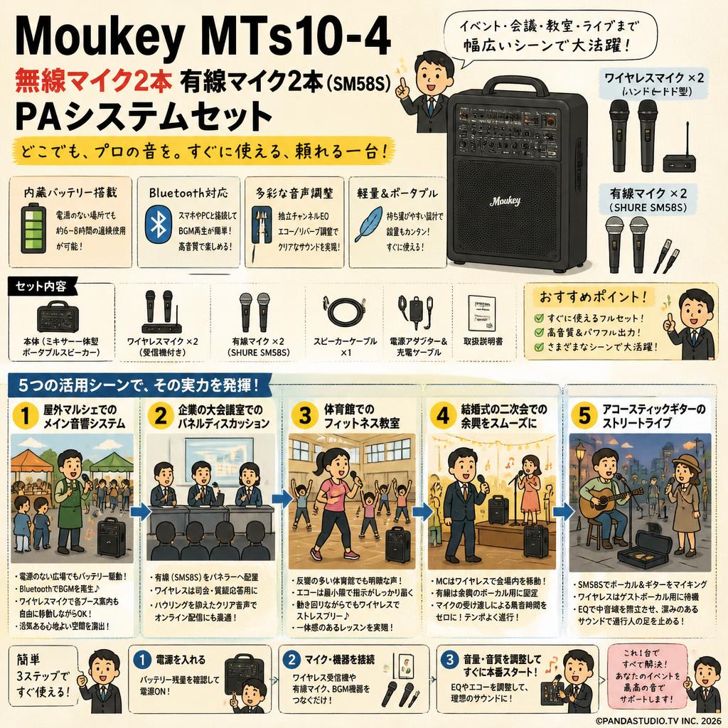 Moukey MTs10-4 無線マイク2本 有線マイク2本（SM58S）PAシステムセット 用途