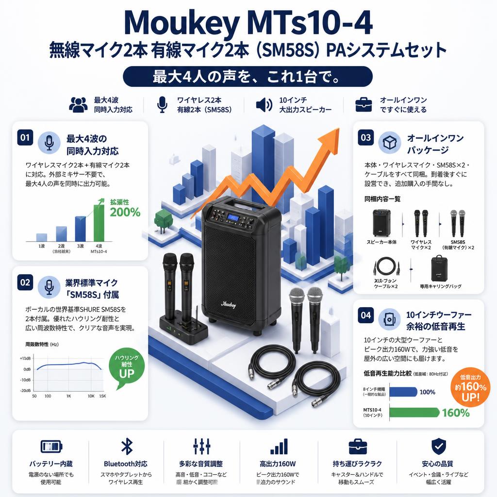 Moukey MTs10-4 無線マイク2本 有線マイク2本（SM58S）PAシステムセット セールスポイント