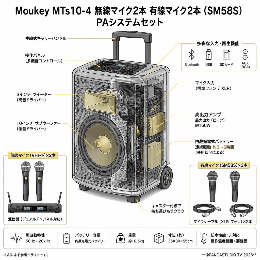 Moukey MTs10-4 無線マイク2本 有線マイク2本（SM58S）PAシステムセット スペック
