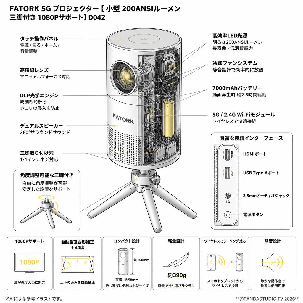 FATORK 5G プロジェクター【 小型 200ANSIルーメン 三脚付き 1080Pサポート】D042 スペック