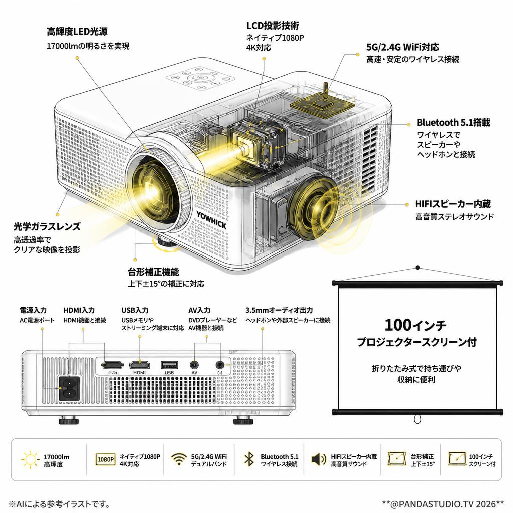 YOWHICK 5GWiFi プロジェクター 【100インチプロジェクタースクリーン付】【小型 17000lm 4K対応 1080P Bluetooth5.1搭載 HIFIスピーカー内蔵】‎GDP1W スペック