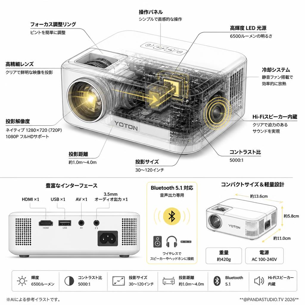 YOTON Y3 プロジェクター 【6500lm 小型 家庭用 Bluetooth対応 1080P Hi-Fiスピーカー内蔵 】 スペック