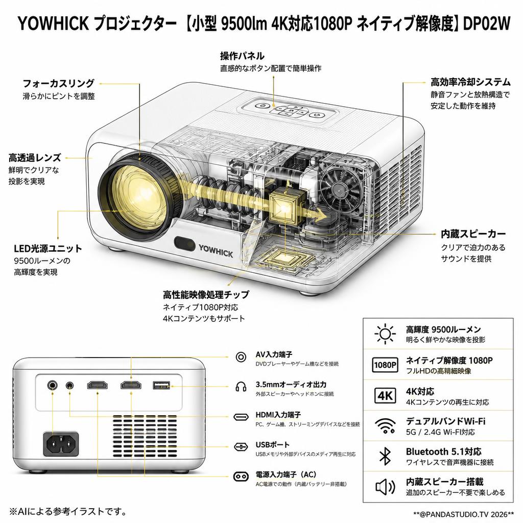YOWHICK プロジェクター 【小型 9500lm 4K対応1080P ネイティブ解像度】DP02W スペック