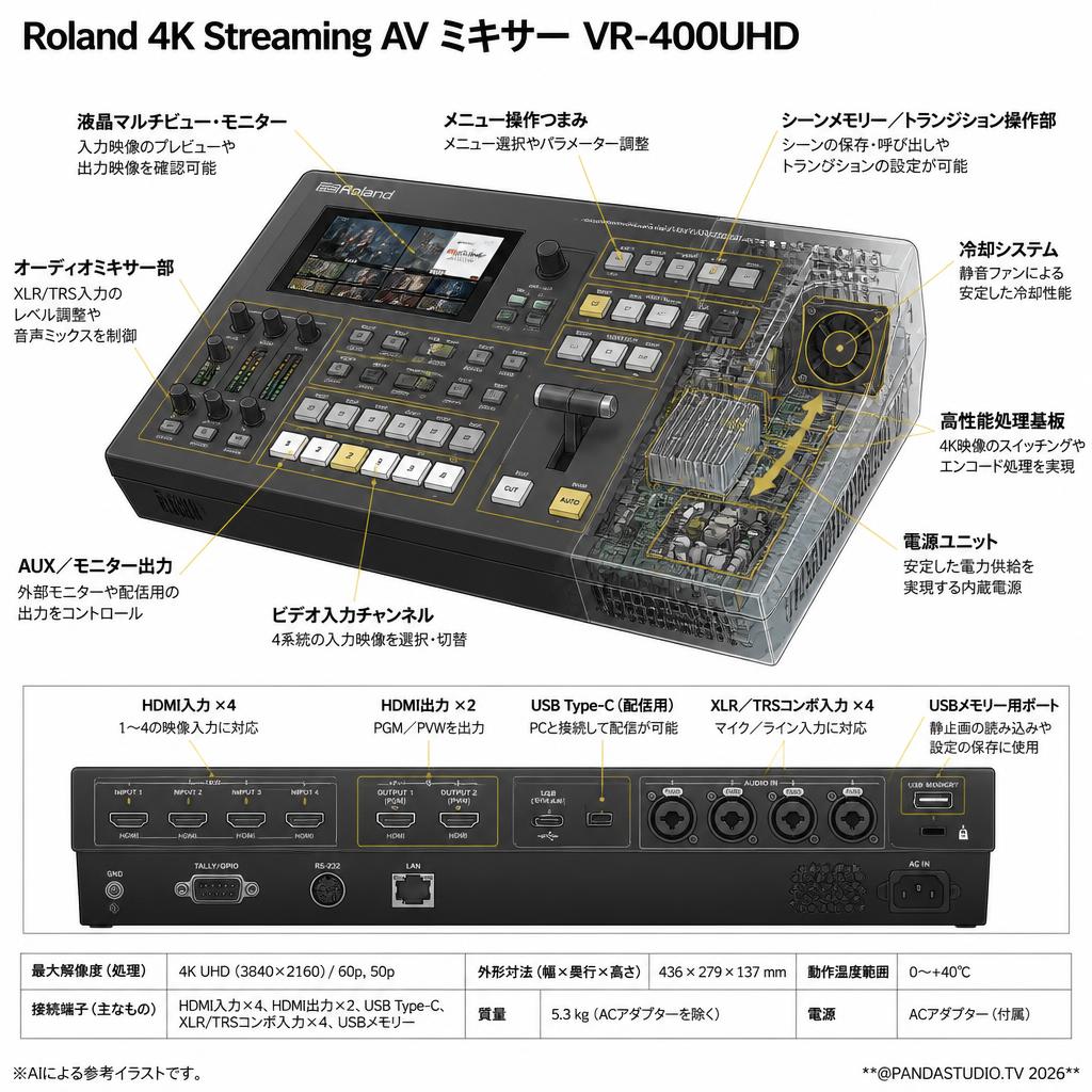 Roland 4K Streaming AV ミキサー VR-400UHD スペック