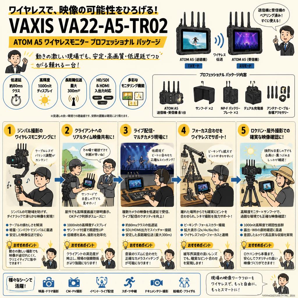 VAXIS VA22-A5-TR02 ATOM A5 ワイヤレスモニター プロフェッショナル パッケージ 用途