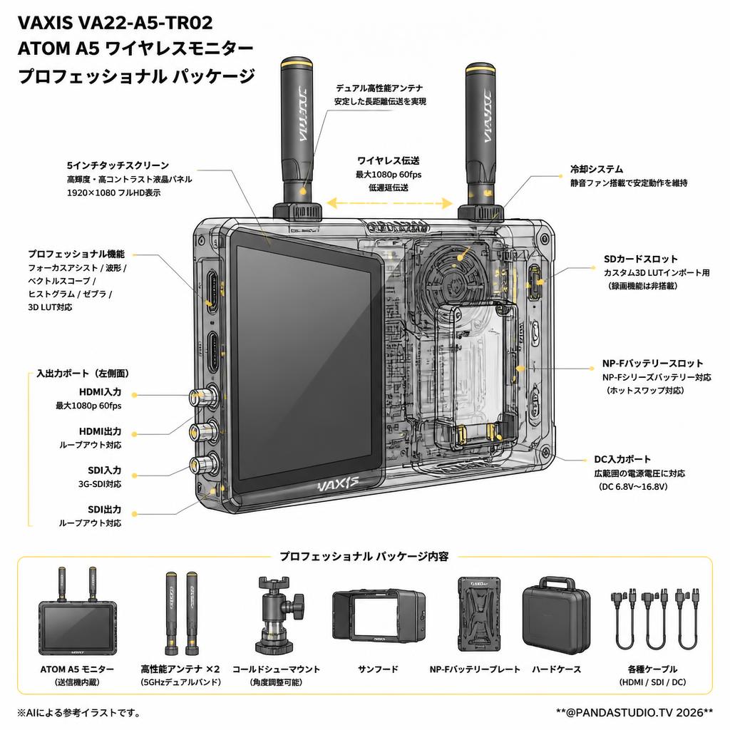 VAXIS VA22-A5-TR02 ATOM A5 ワイヤレスモニター プロフェッショナル パッケージ スペック