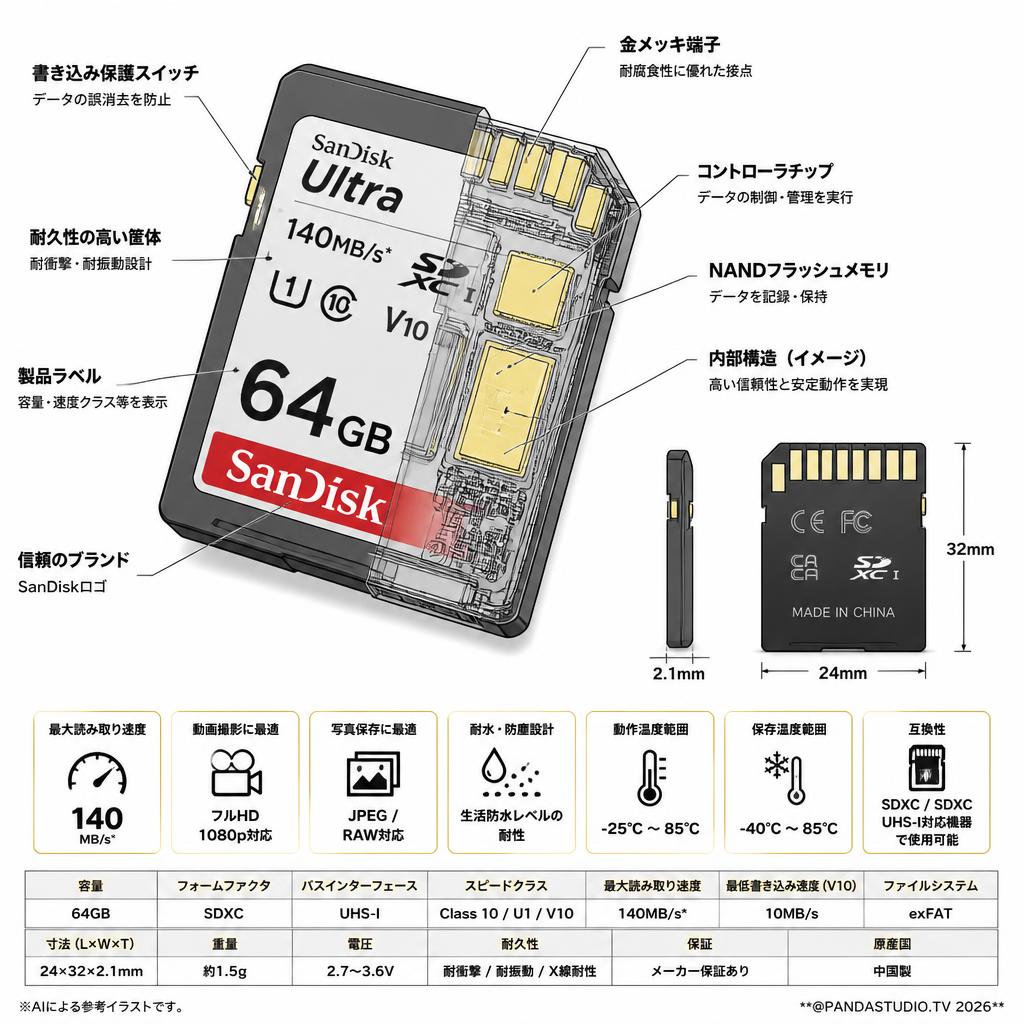 Sandisk 64GB UHS-I V10 Class10 Ultra 140MB/s SDXCカード スペック