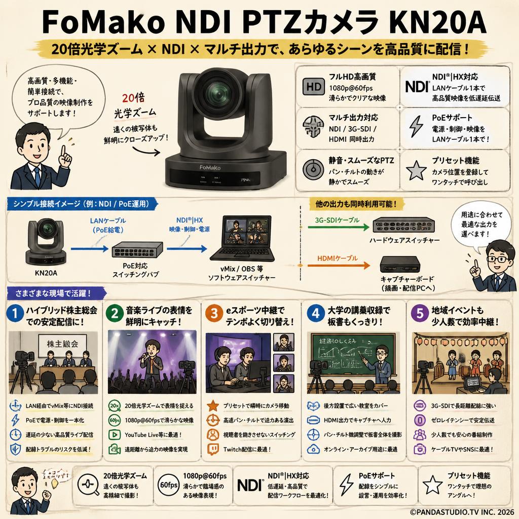 FoMaKo NDI PTZカメラ 20倍光学ズーム NDI/3G-SDI/HDMI出力 POEサポート HD1080p@60fps  ‎KN20A 用途