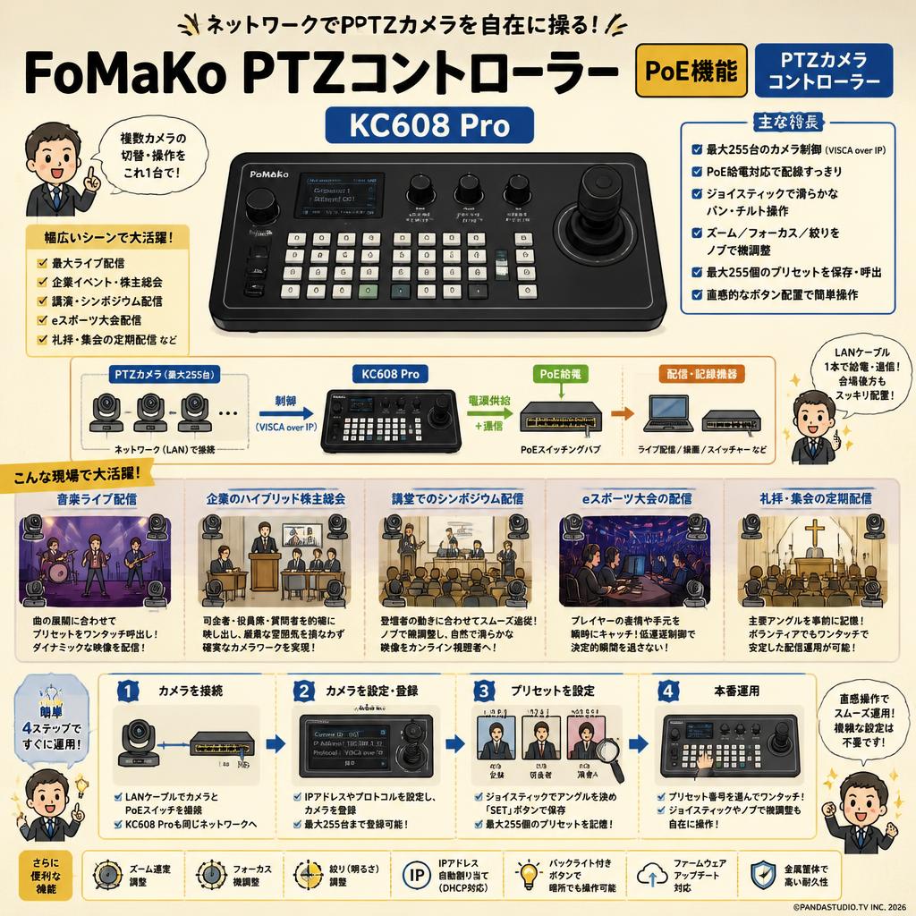 FoMaKo PTZコントローラー PoE機能 PTZカメラ コントローラー KC608 Pro 用途