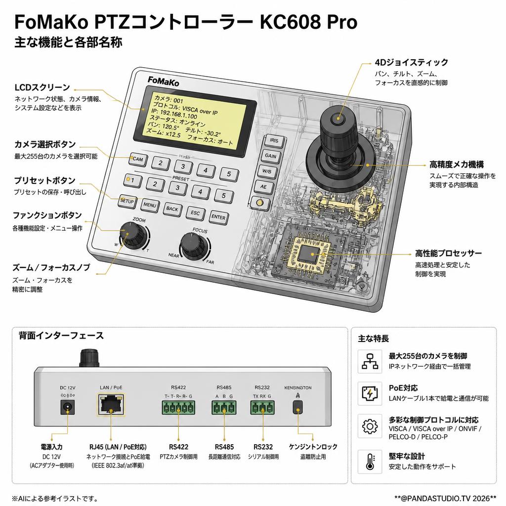 FoMaKo PTZコントローラー PoE機能 PTZカメラ コントローラー KC608 Pro スペック