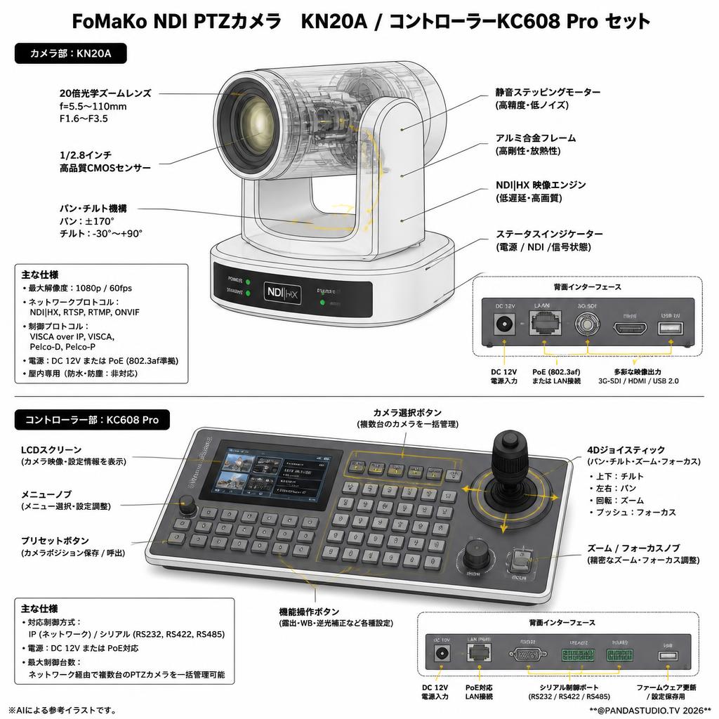 FoMaKo NDI PTZカメラ ‎KN20A / コントローラーKC608 Pro セット スペック