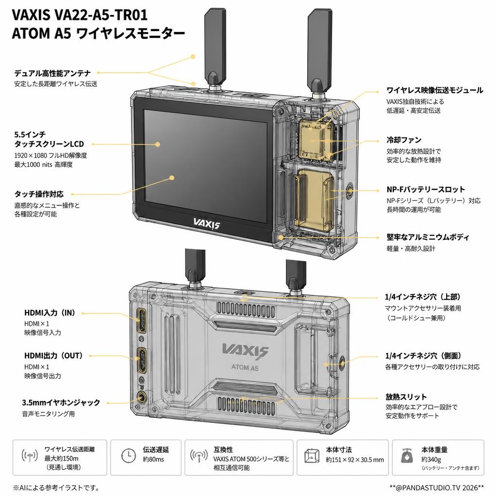 VAXIS VA22-A5-TR01 ATOM A5 ワイヤレスモニター スペック