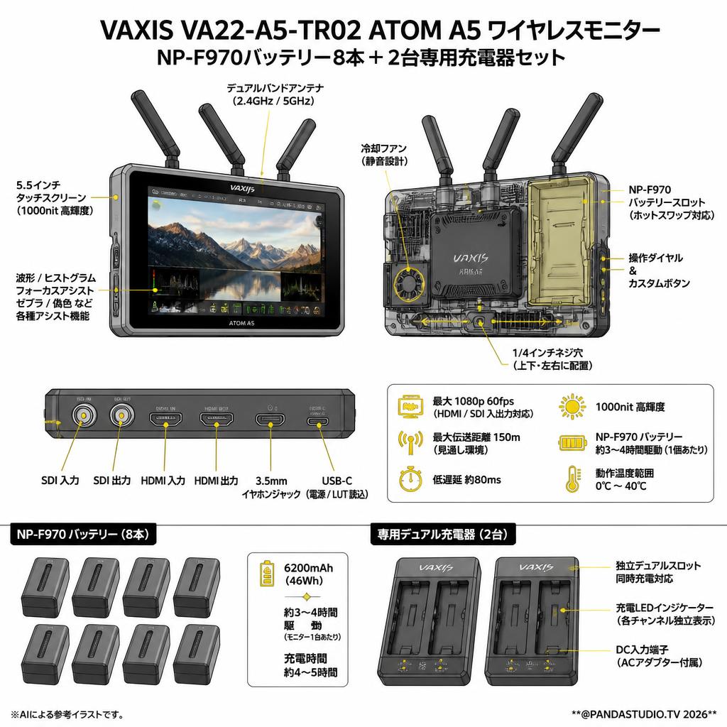 VAXIS VA22-A5-TR02 ATOM A5 ワイヤレスモニター/ NP-F970バッテリー8本＋2台専用充電器セット スペック