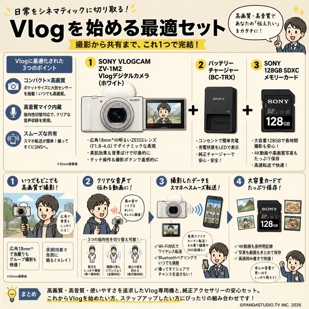 SONY VLOGCAM ZV-1M2 Vlog デジタルカメラホワイト/ バッテリーチャージャー/ SONY 128GB SDXC メモリーカード 概要