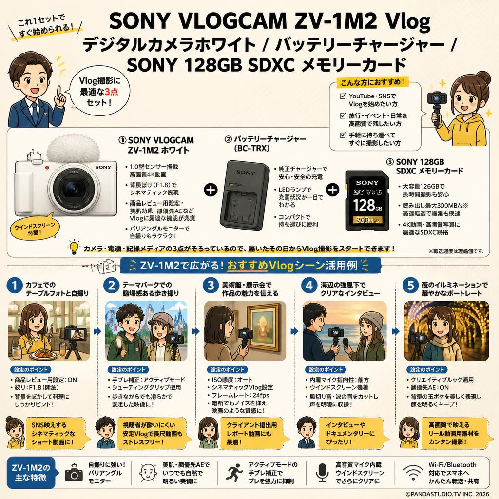 SONY VLOGCAM ZV-1M2 Vlog デジタルカメラホワイト/ バッテリーチャージャー/ SONY 128GB SDXC メモリーカード 用途