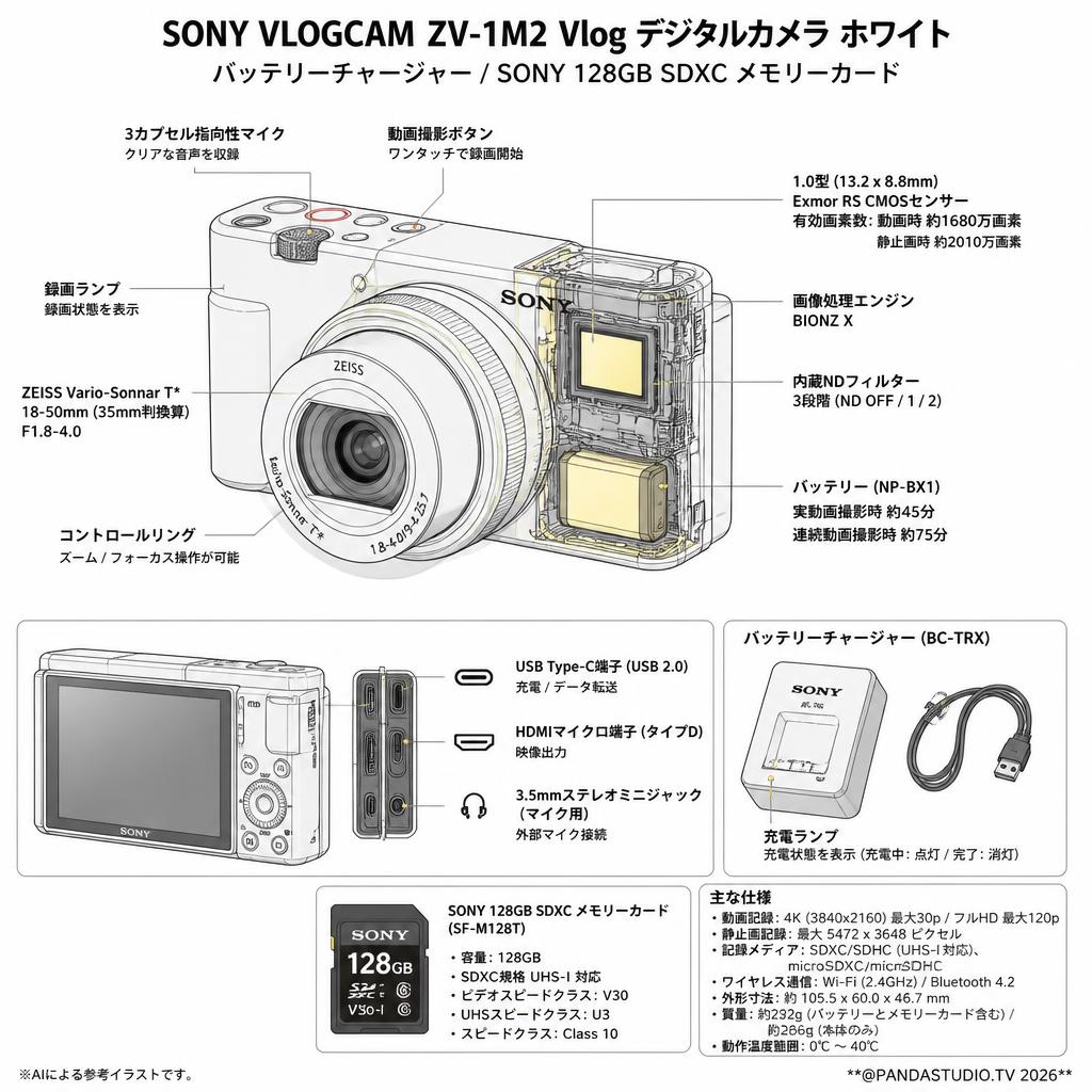 SONY VLOGCAM ZV-1M2 Vlog デジタルカメラホワイト/ バッテリーチャージャー/ SONY 128GB SDXC メモリーカード スペック