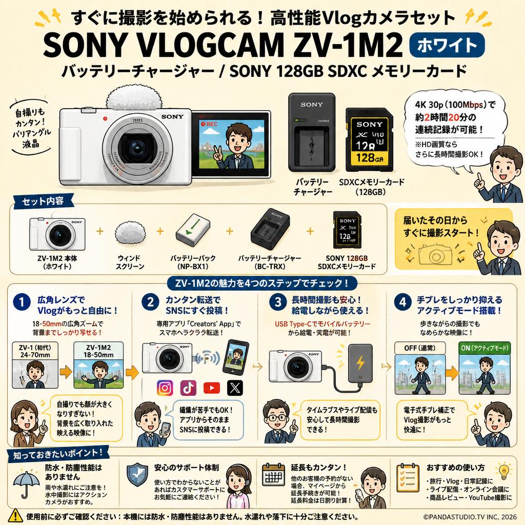 SONY VLOGCAM ZV-1M2 Vlog デジタルカメラホワイト/ バッテリーチャージャー/ SONY 128GB SDXC メモリーカード FAQ（よくある質問と答え）