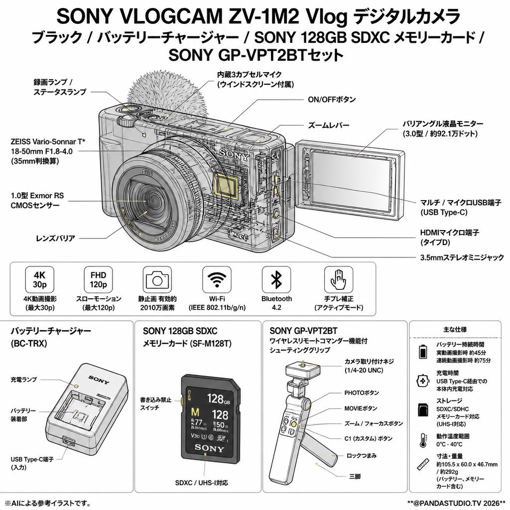 SONY VLOGCAM ZV-1M2 Vlog デジタルカメラブラック/ バッテリーチャージャー/ SONY 128GB SDXC メモリーカード/ SONY GP-VPT2BTセット スペック