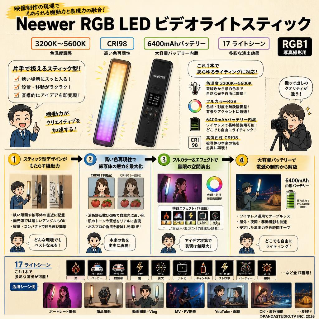 Neewer RGB LED【ビデオライトスティック3200K～5600K CRI98 6400mAhバッテリー】17 ライトシーン 写真撮影用 RGB1 概要