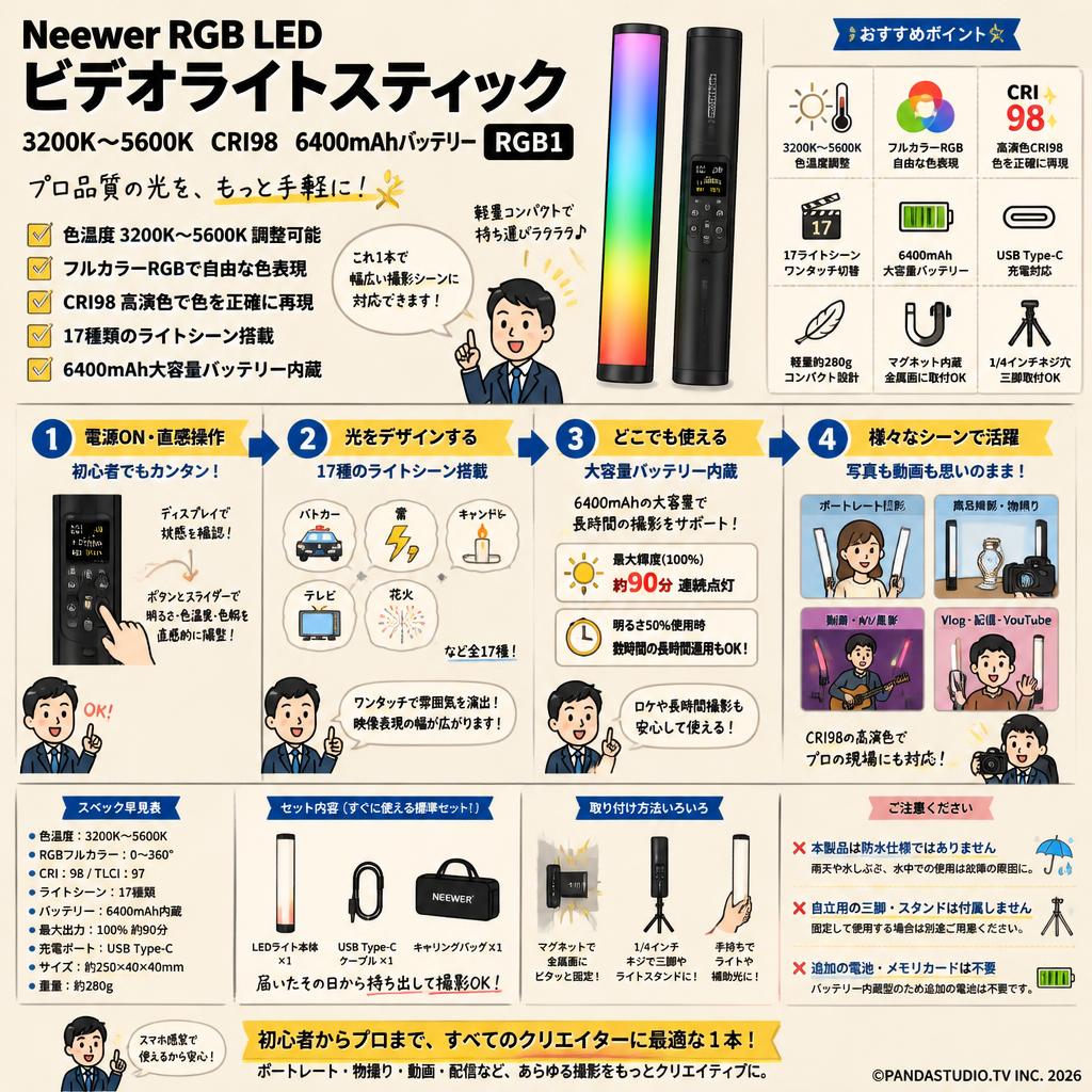 Neewer RGB LED【ビデオライトスティック3200K～5600K CRI98 6400mAhバッテリー】17 ライトシーン 写真撮影用 RGB1 FAQ（よくある質問と答え）