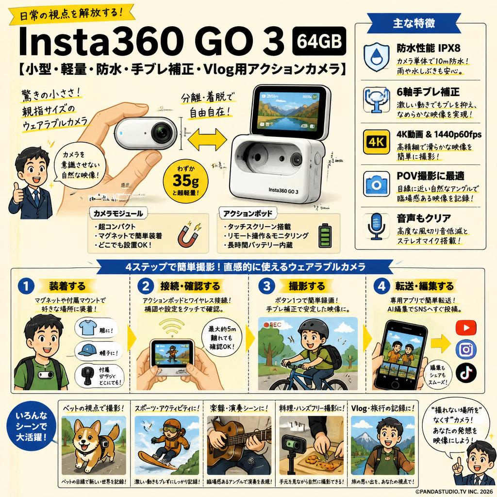 Insta360 GO 3 64GB【小型・軽量・防水・手ブレ補正・Vlog用アクションカメラ】 概要
