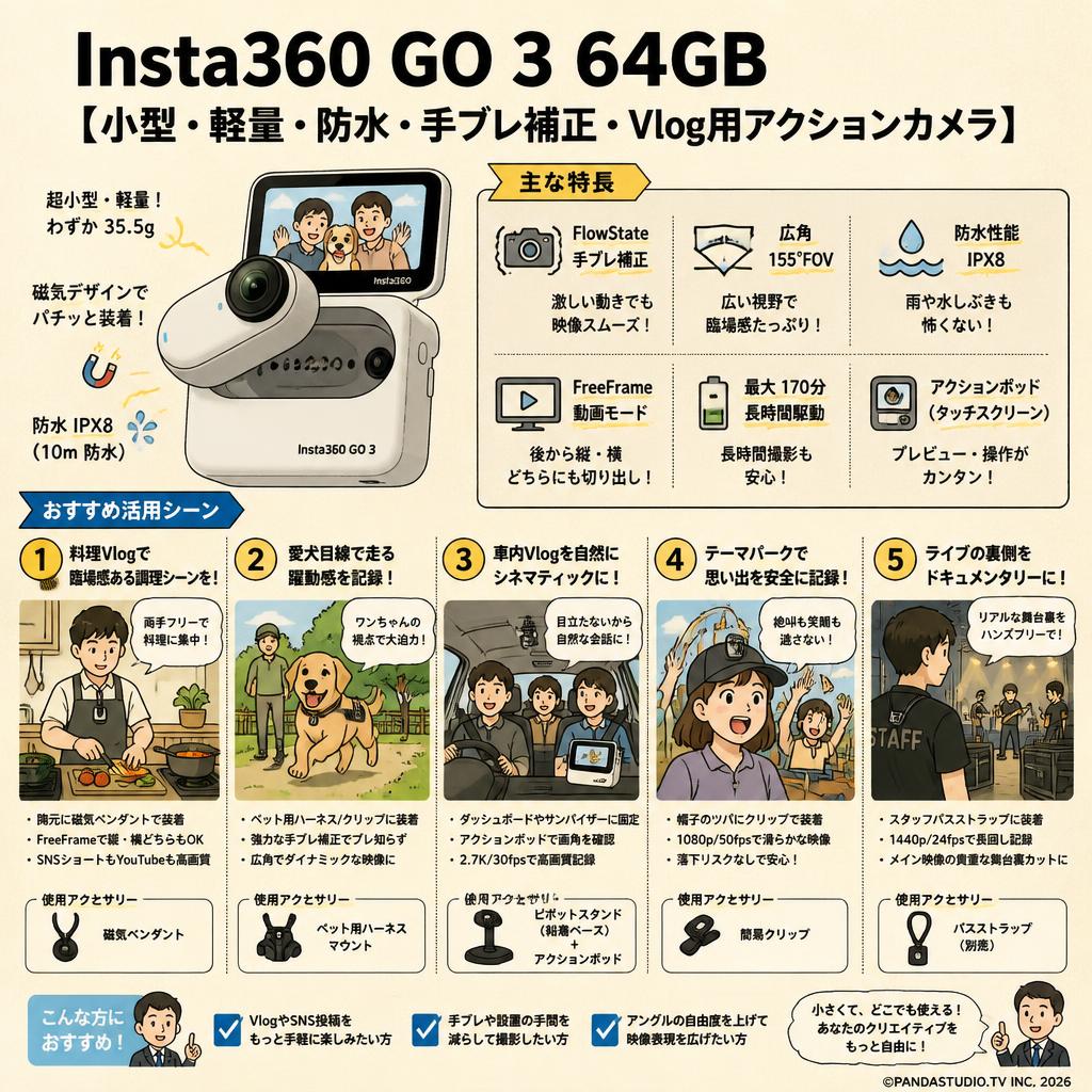 Insta360 GO 3 64GB【小型・軽量・防水・手ブレ補正・Vlog用アクションカメラ】 用途