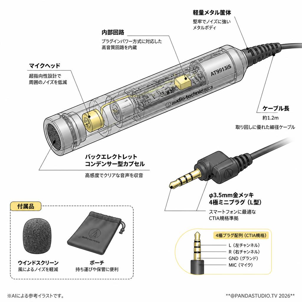 audio technica  AT9913iS スマートフォン用モノラルマイクロホン スペック