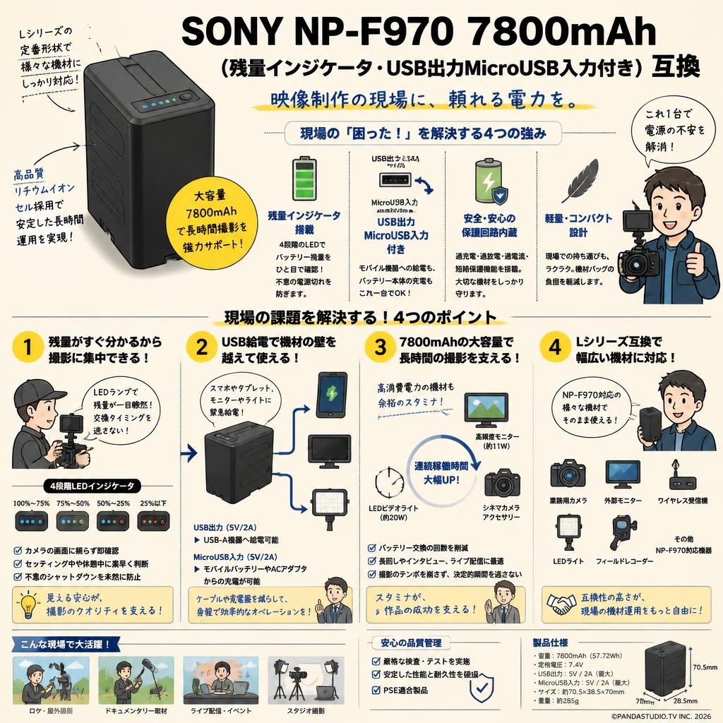 SONY NP-F970 7800mAh (残量インジケータ・USB出力MicroUSB入力付き) 互換 概要
