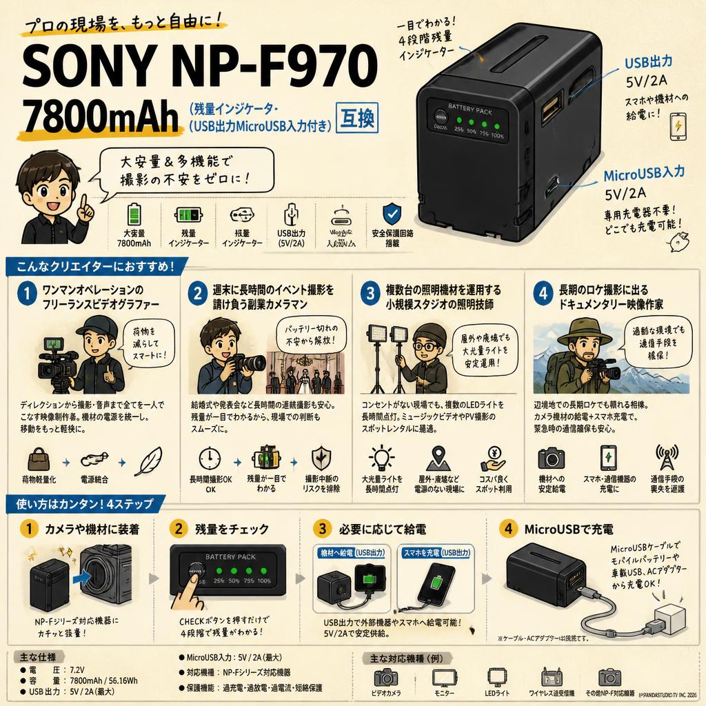 SONY NP-F970 7800mAh (残量インジケータ・USB出力MicroUSB入力付き) 互換 おもな対象のお客様