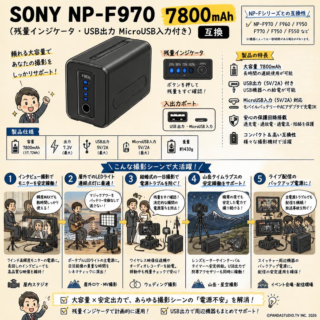 SONY NP-F970 7800mAh (残量インジケータ・USB出力MicroUSB入力付き) 互換 用途