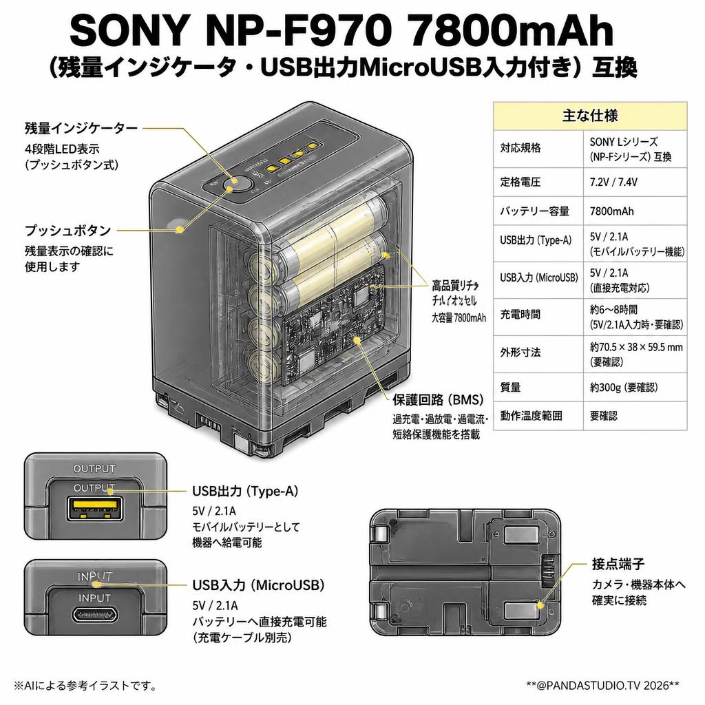 SONY NP-F970 7800mAh (残量インジケータ・USB出力MicroUSB入力付き) 互換 スペック