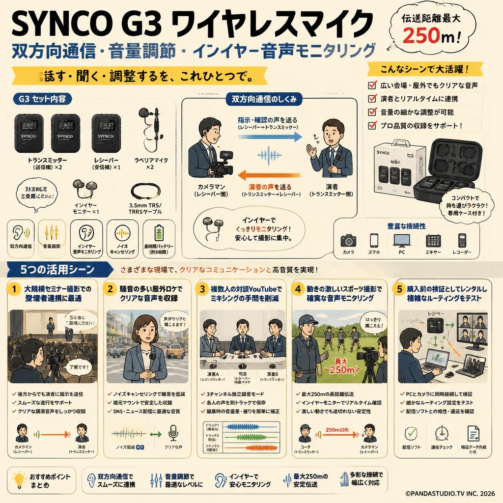 SYNCO G3 ワイヤレスマイク  双方向通信 音量調節 インイヤー音声モニタリング 【伝送距離最大250m】 用途