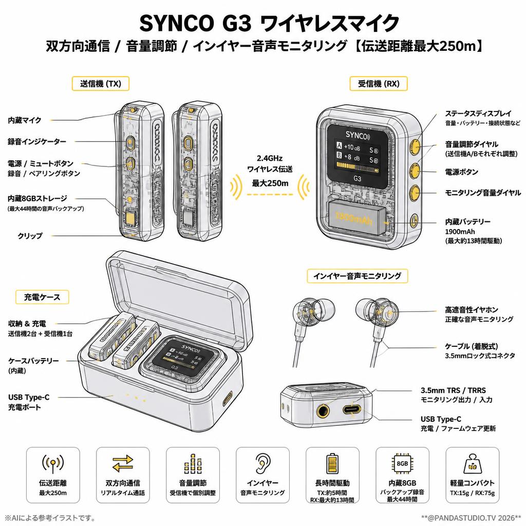 SYNCO G3 ワイヤレスマイク  双方向通信 音量調節 インイヤー音声モニタリング 【伝送距離最大250m】 スペック