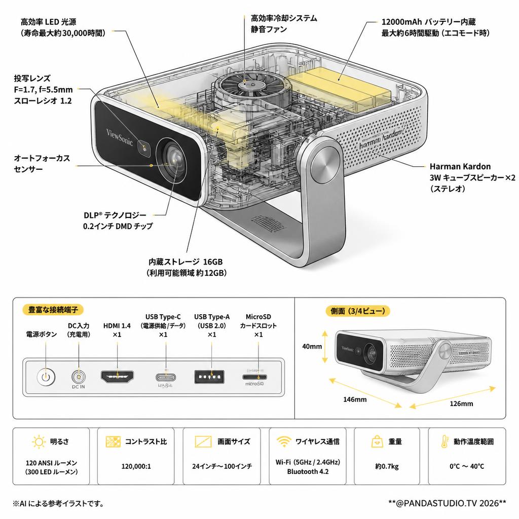 ViewSonic  M1+_G2  Harman Kardon® スピーカー搭載 スマートポータブLEDプロジェクター【120ANSIルーメン Bluetooth Wi-Fi 対応】 スペック