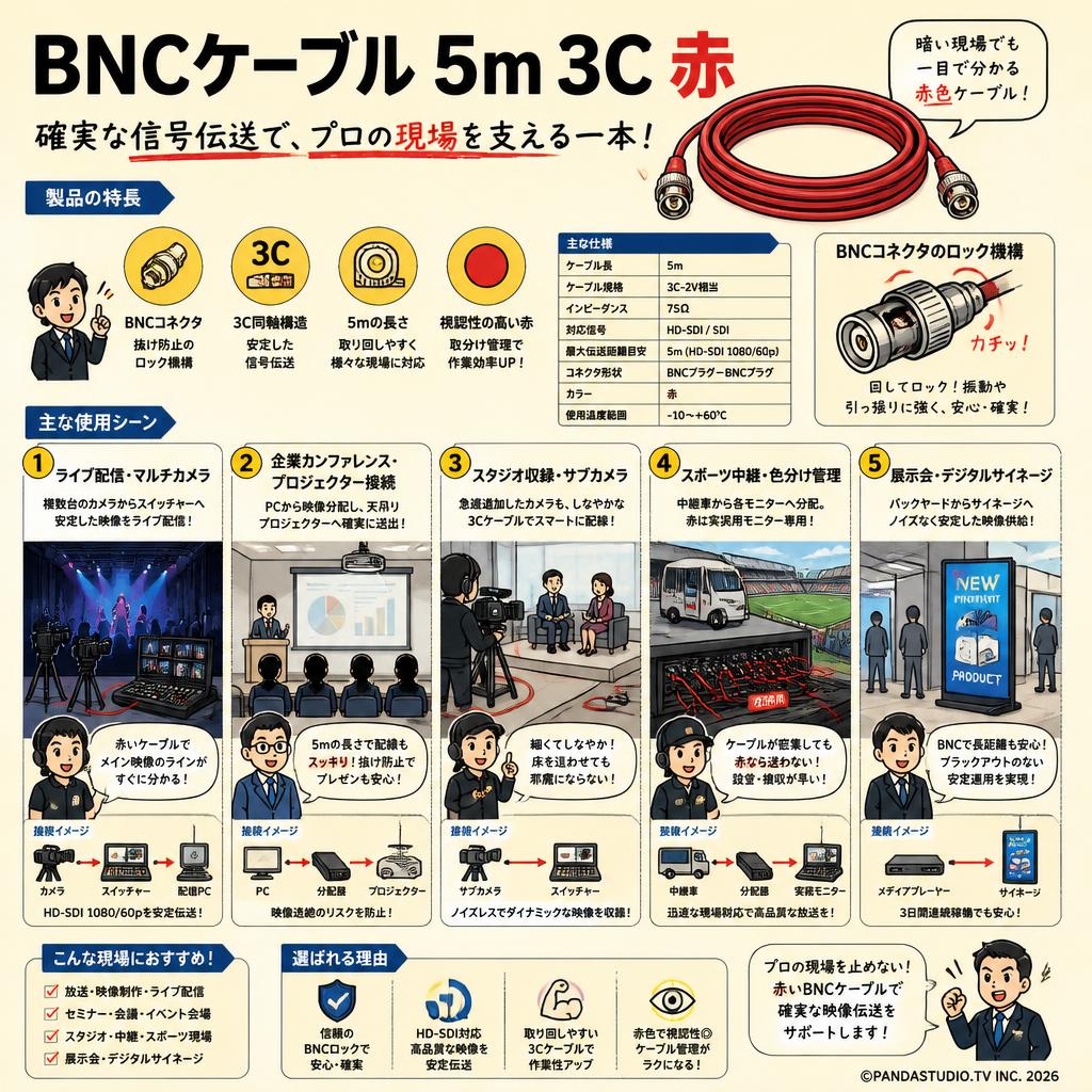 BNCケーブル 5m 3C  赤 用途
