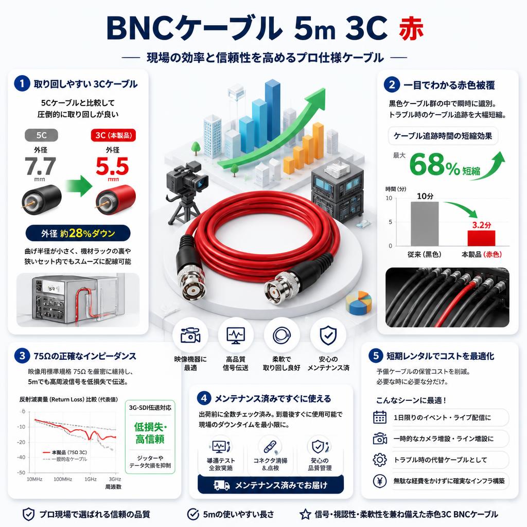 BNCケーブル 5m 3C  赤 セールスポイント